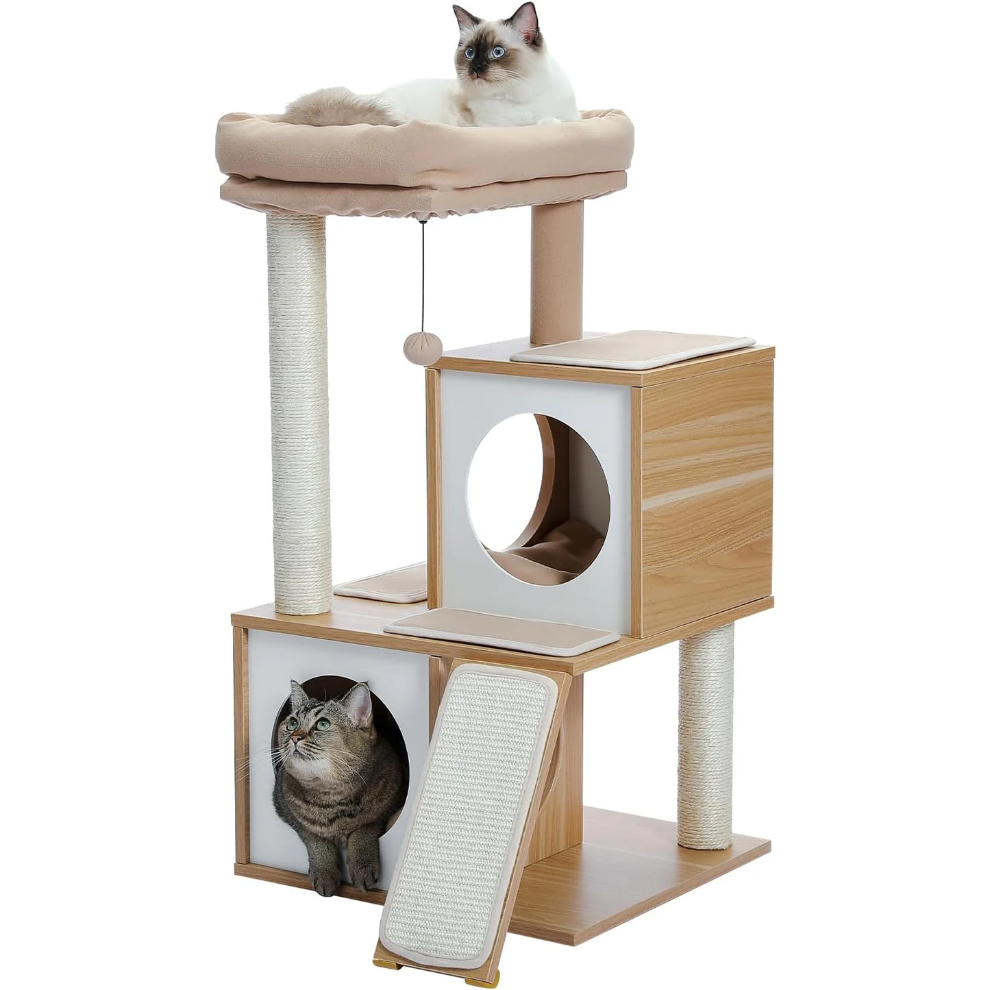 35" Modern Cat Tower Dual Condos, Wooden Cat Tree Large Cats | Modern Cat Tree with Sleek Wood, Large Scratcher Ramp and Sisal Posts for Indoor Cats,Heavy Duty Base for Large Cats