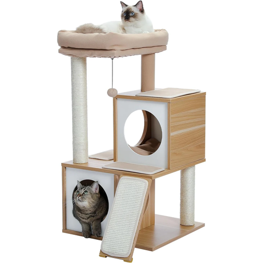 35" Modern Cat Tower Dual Condos, Wooden Cat Tree Large Cats | Modern Cat Tree with Sleek Wood, Large Scratcher Ramp and Sisal Posts for Indoor Cats,Heavy Duty Base for Large Cats