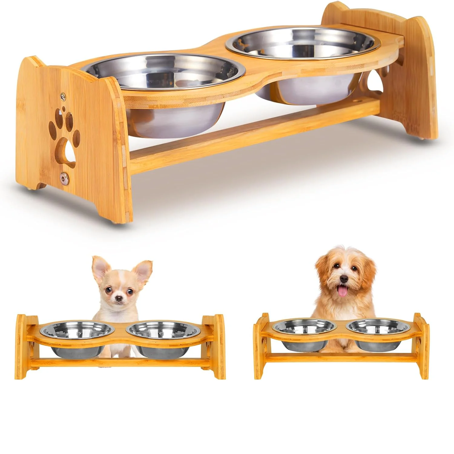 Elevated Dog Bowls for Cats and Dogs, Adjustable Bamboo Raised Dog Bowls for Small Dog, Food and Water Set Stand Feeder with 2 Stainless Steel Bowls and anti Slip Feet (Height 4" to 4.5")