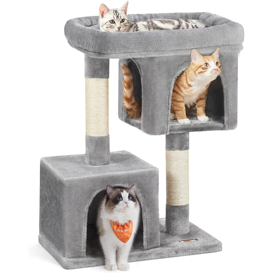 Cat Tree, 33.1-Inch Cat Tower, Plush Condo for Large Cats up to 16 Lb, Large Perch, 2 Caves, Scratching Post, Light Gray UPCT61W