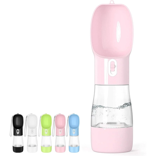 Portable Dog Water Bottle - Leak Proof Dog Water Dispenser with Bowl & Food Container, Dishwasher Safe Food Grade Plastic for Pet Puppy Outdoor Walking Hiking Travel Pink