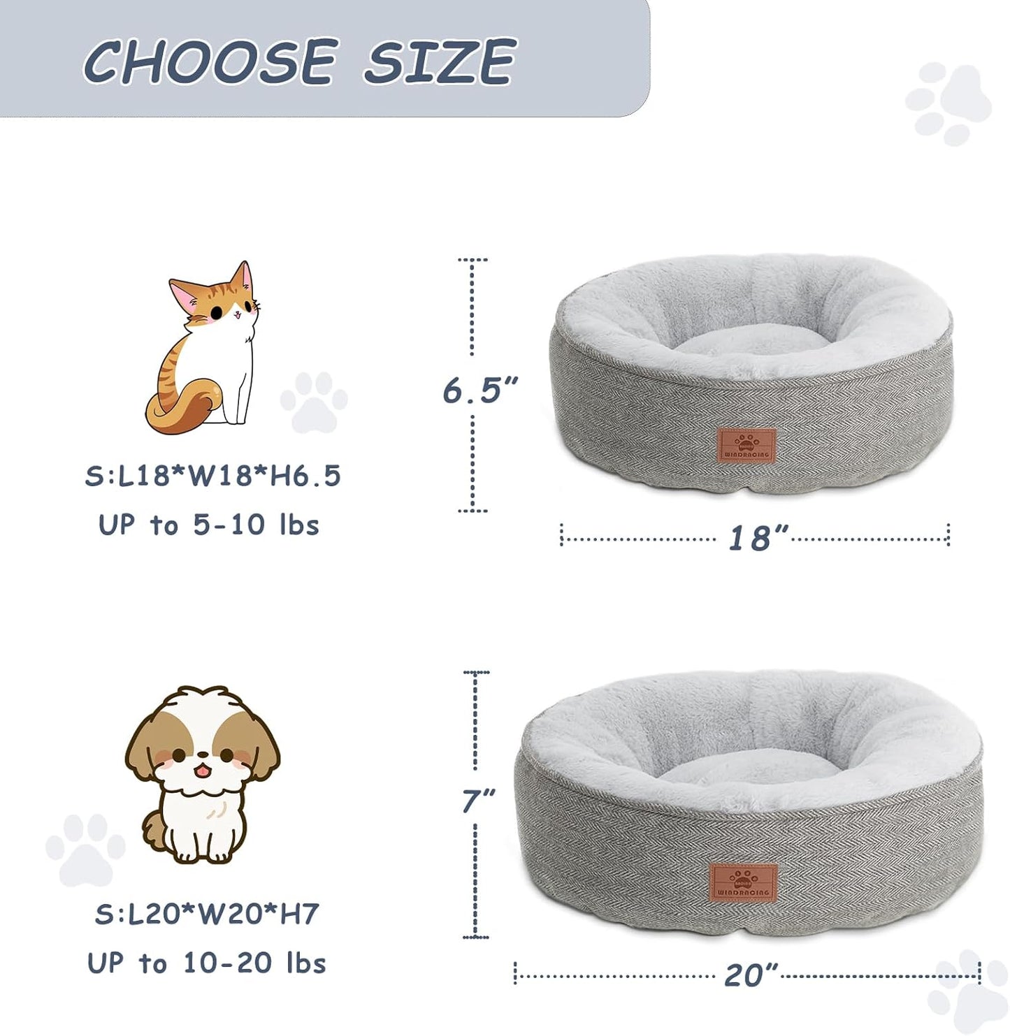 Indoor Cat and Small Dog Bed, Comfortable and Durable Round Pet Sleeping Bed with Non-Slip Bottom, Washable, 18"L x 18"W x 6.5"H