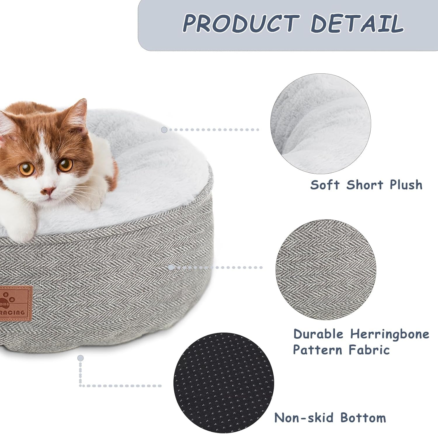 Indoor Cat and Small Dog Bed, Comfortable and Durable Round Pet Sleeping Bed with Non-Slip Bottom, Washable, 18"L x 18"W x 6.5"H