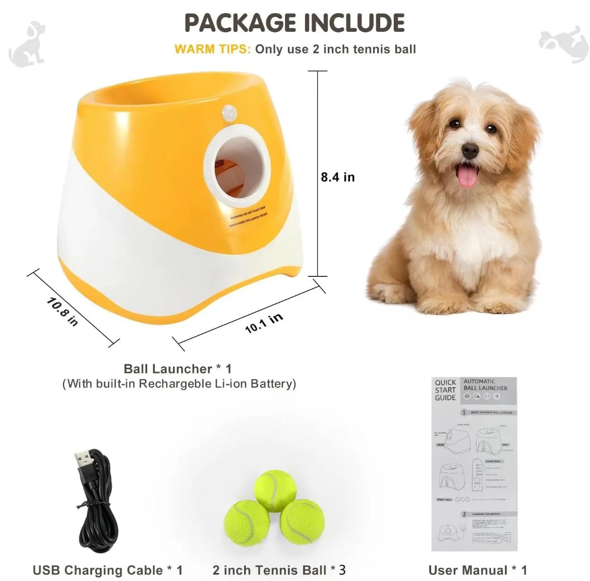 Automatic Dog Ball Launcher, Dog Ball Thrower with 3 Launching Distance, Interactive Dog Toys for Small & Medium Dogs Indoor & Outdoor, 3 Mini Tennis Balls Included, Orange